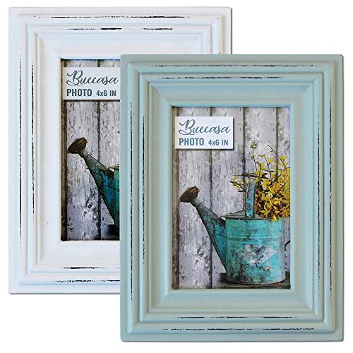 Buecasa Rustic 4x6 Inches Wooden Picture Frame Pack of 2 Vintage Cyan and White in Gift Box - Distressed Wood High Definition Glass Photo Frame Outside 6x8 Inches - Image 1