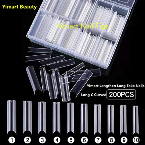 Yimart Long C Curved False Nail Tips - C Curved Nail Tips - Long C Curve False Nails - 200pcs/box XL C Curve Fake Nails Premium Square French Acrylic Nail Tips (Clear With Box) - Image 2