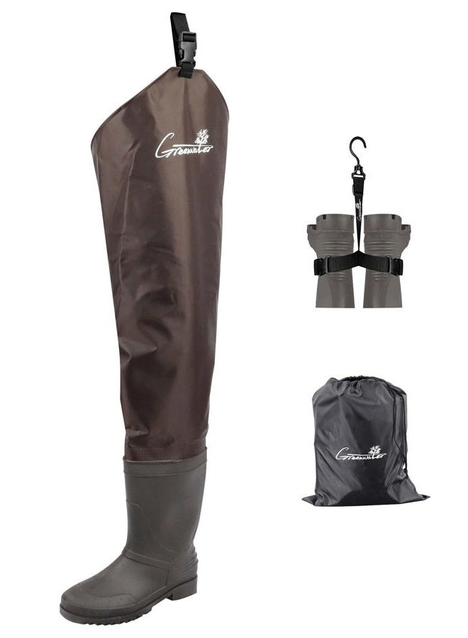 GREENWATER Hip Waders for Men Women with Boots Waterproof,2-Ply PVC/Nylon Adult Bootfoot Hip Waders with Cleated for Fishing & Hunting (Brown, M9/W11) - Image 1