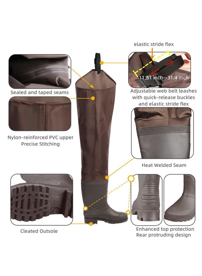 GREENWATER Hip Waders for Men Women with Boots Waterproof,2-Ply PVC/Nylon Adult Bootfoot Hip Waders with Cleated for Fishing & Hunting (Brown, M9/W11) - Image 2
