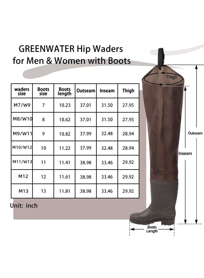 GREENWATER Hip Waders for Men Women with Boots Waterproof,2-Ply PVC/Nylon Adult Bootfoot Hip Waders with Cleated for Fishing & Hunting (Brown, M9/W11) - Image 4