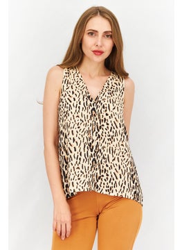 Women V-Neck Sleeveless Animal Print Top, Beige Combo