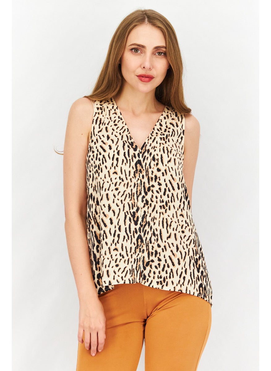 joie - Women V-Neck Sleeveless Animal Print Top, Beige Combo - Image 1