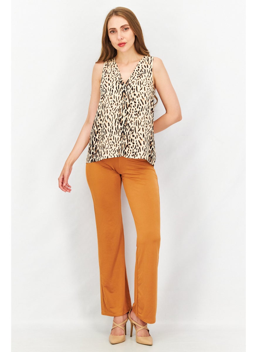 joie - Women V-Neck Sleeveless Animal Print Top, Beige Combo - Image 1