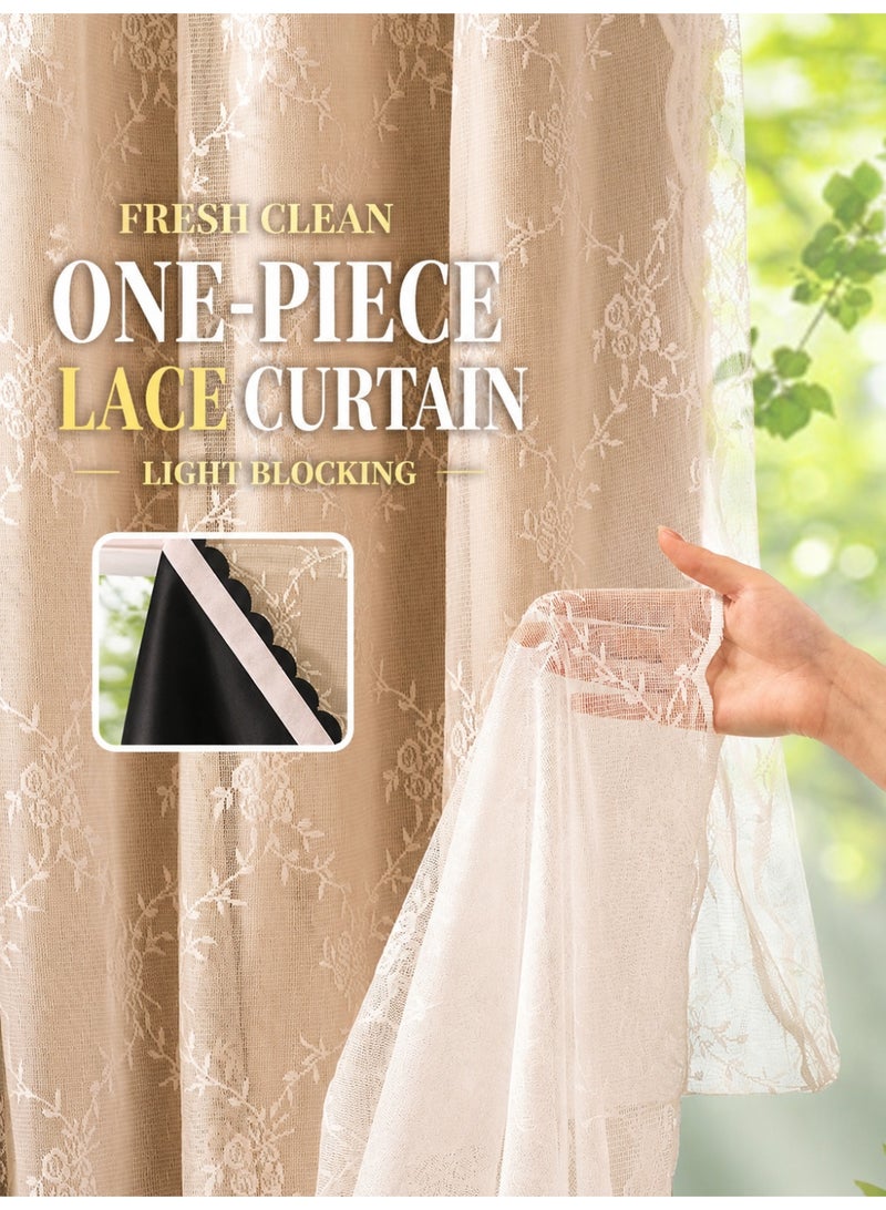 OHTEX HOME 1 piece of 100% blackout curtain, French vintage style with sheer, self-adhesive, no drilling required for quick and easy installation, protects privacy, creates a romantic room atmosphere - Image 1