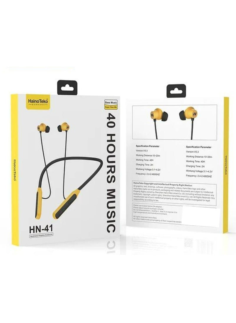 Haino Teko HN 41 Neckband Wireless Bluetooth Earphone with Super Clear Mic and 40 Hours Music Black and Yellow - Image 2