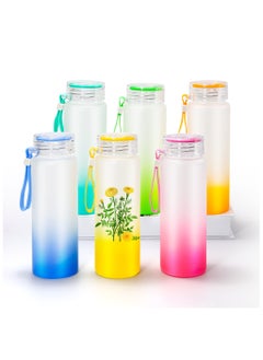 16oz Sublimation Glass Cups, 6 Pack Color Frosted Sublimation Glass Tumblers with Colored Carrying Handle Lids, 6 Color Gradient Glasses, Suitable for Cold or Cot Drinks, Easy to Carry