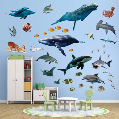 PinkEleph Under The Sea Fish Wall Stickers - Whale Shark Squid Ocean Animals Wall Decals - Baby Nursery Kids Boy Girls Room Bedroom Bathroom Daycare Playroom Classroom Wall Decor - Image 1