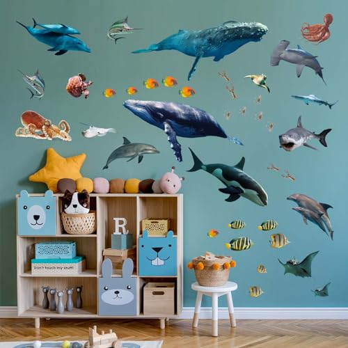 PinkEleph Under The Sea Fish Wall Stickers - Whale Shark Squid Ocean Animals Wall Decals - Baby Nursery Kids Boy Girls Room Bedroom Bathroom Daycare Playroom Classroom Wall Decor - Image 2