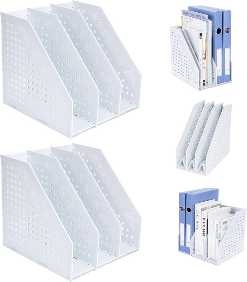 FRETONBA 2Pcs Collapsible Magazine File Holder, Binder Holder for Desk with 3 Vertical Compartments, Binder Storage Organizer for Office School Home, Light Gray - Image 1