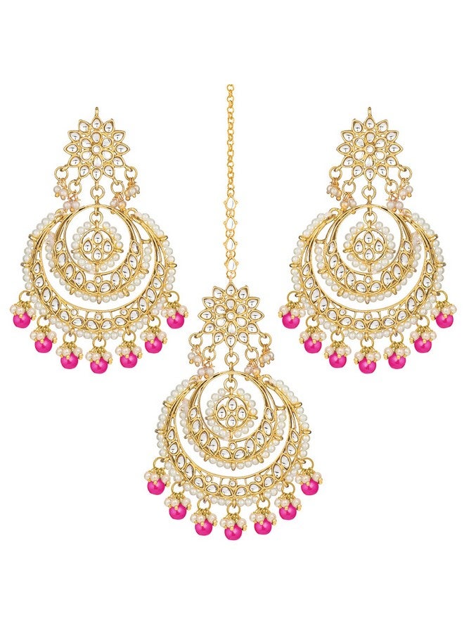 بيورا مجموعة أقراط من النحاس المطلي بالذهب عيار 18 قيراطًا من مجموعة بيورا التقليدية من كوندان ولؤلؤة مانج تيكا للنساء (وردي راني) - Image 1