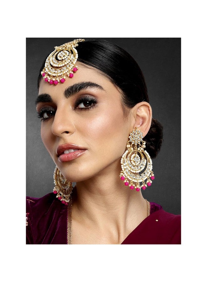 بيورا مجموعة أقراط من النحاس المطلي بالذهب عيار 18 قيراطًا من مجموعة بيورا التقليدية من كوندان ولؤلؤة مانج تيكا للنساء (وردي راني) - Image 3