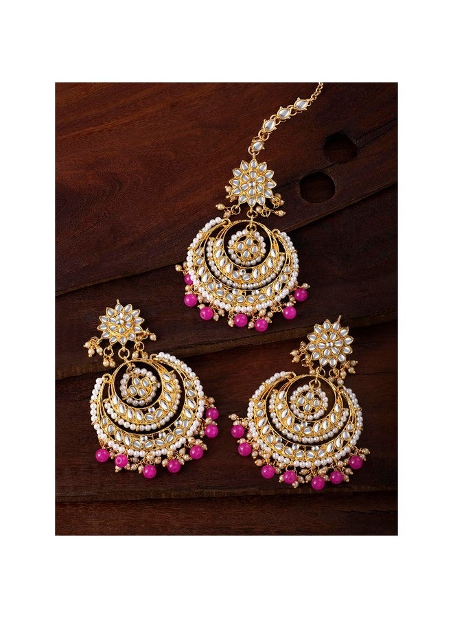 بيورا مجموعة أقراط من النحاس المطلي بالذهب عيار 18 قيراطًا من مجموعة بيورا التقليدية من كوندان ولؤلؤة مانج تيكا للنساء (وردي راني) - Image 2