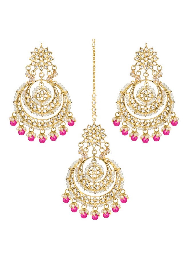 بيورا مجموعة أقراط من النحاس المطلي بالذهب عيار 18 قيراطًا من مجموعة بيورا التقليدية من كوندان ولؤلؤة مانج تيكا للنساء (وردي راني) - Image 5