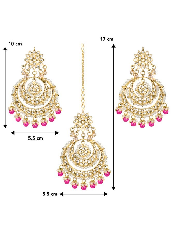 بيورا مجموعة أقراط من النحاس المطلي بالذهب عيار 18 قيراطًا من مجموعة بيورا التقليدية من كوندان ولؤلؤة مانج تيكا للنساء (وردي راني) - Image 4