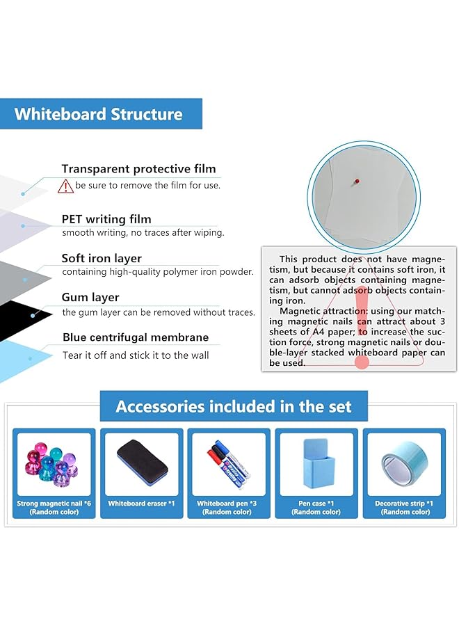 إيروريكس سبورة بيضاء مغناطيسية ذاتية اللصق، فيلم سبورة بيضاء لاصق على الحائط للمدرسة والمكتب المنزلي، تتضمن أقلام مسح جافة وممحاة مغناطيسية، 90 × 60 سم، سبورة بيضاء مغناطيسية قابلة للمسح الجاف، 90 × 60 سم - Image 2