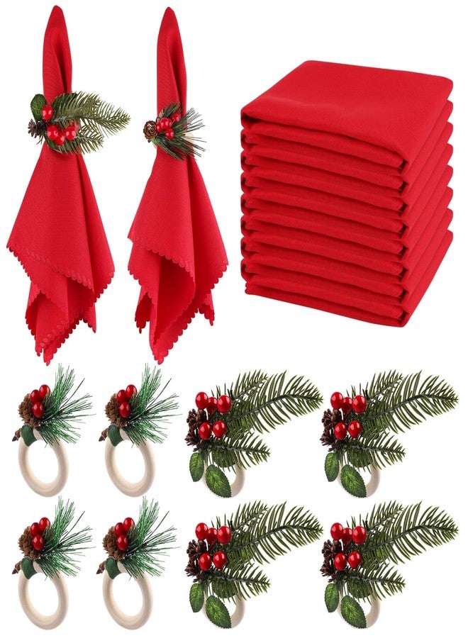 Lanstics 16 PCS Christmas Napkins and Rings Set, Lanstics 8PCS Xmas Napkin Buckles and 8PCS Red Washable Christmas Napkins Cloth Red Berries Napkin Holders for Christmas Holiday Dinner Party Table Decoration - Image 1