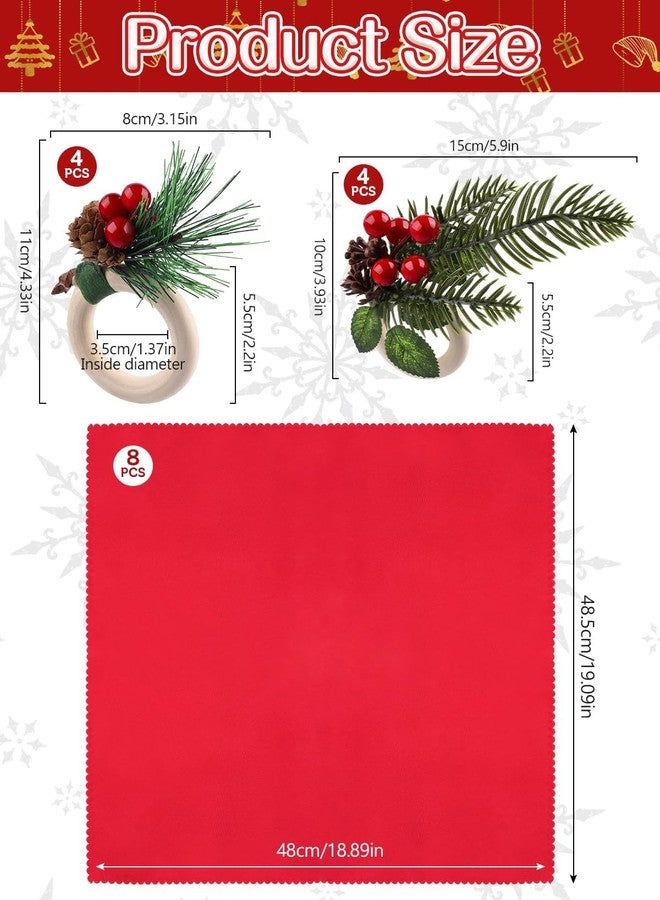 Lanstics 16 PCS Christmas Napkins and Rings Set, Lanstics 8PCS Xmas Napkin Buckles and 8PCS Red Washable Christmas Napkins Cloth Red Berries Napkin Holders for Christmas Holiday Dinner Party Table Decoration - Image 2