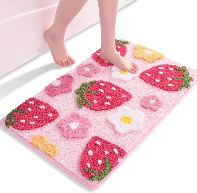ANYBAR Pink Bathroom Rugs Cute Strawberry Flower Bath Mat Bathroom Accessories, Funny Colorful Non Slip Floor Bath Rug Machine Washable Bathmat Soft Microfiber Carpet for Shower, Bathtub (18x25 inch) - Image 1