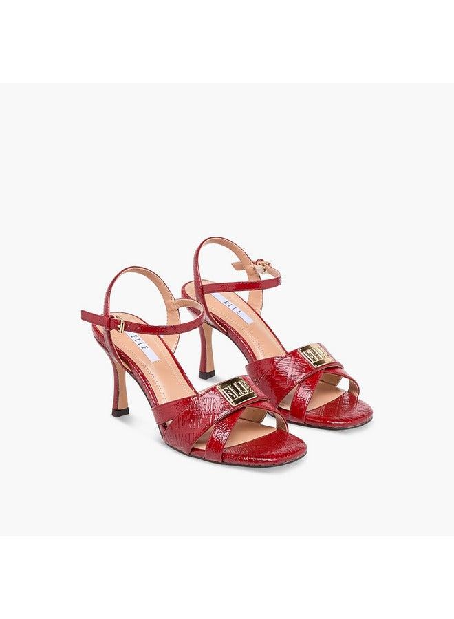 ELLE Women's Monogram Embossed Sandals with Stiletto Heels and Buckle Closure - Image 3