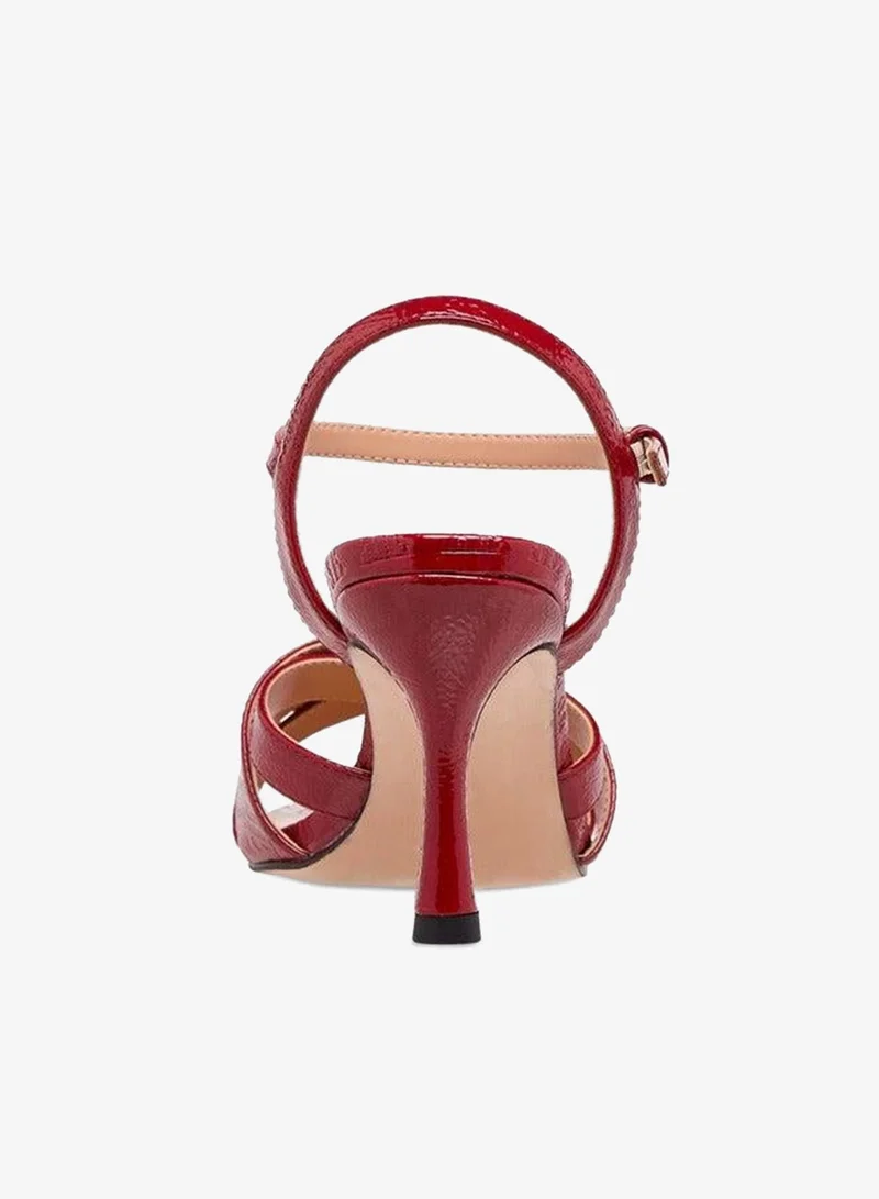 ELLE BURGUNDY Women's Monogram Embossed Sandals with Stiletto Heels and Buckle Closure for Women | Best Price UAE