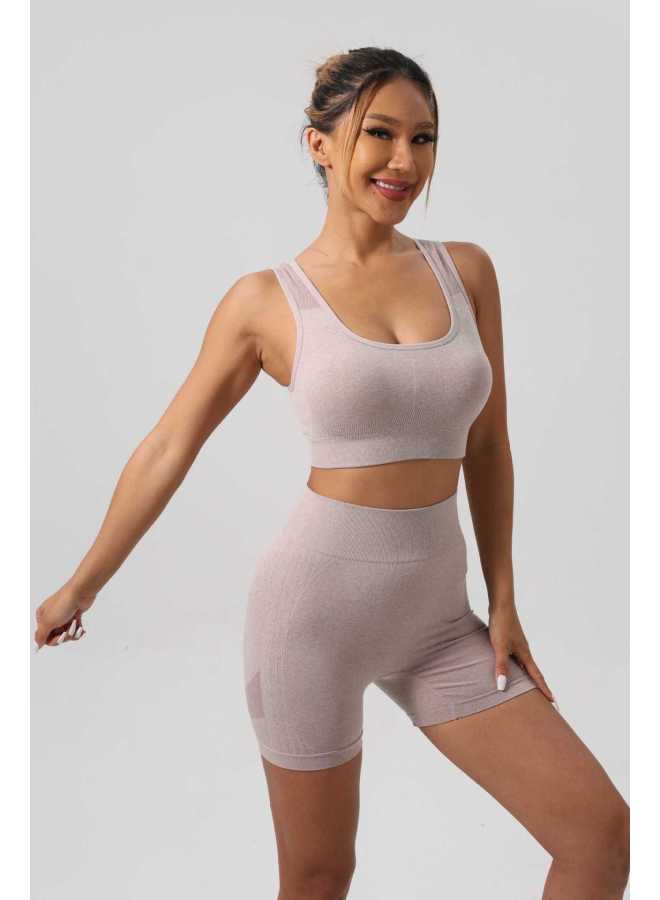 طقم علوي وشورت رياضي عالي المرونة للنساء بلون الكاكي للياقة البدنية واليوغا والجري