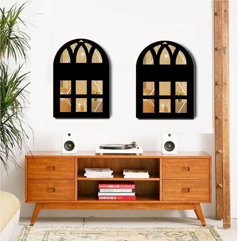 300Sparkles Laser Cut Window Style Wooden Wall Decor Hanging with Golden Acrylic Mirror on Backside Decor for Home Living Room Bedroom Decorative Items 2 Pcs Set - Image 5