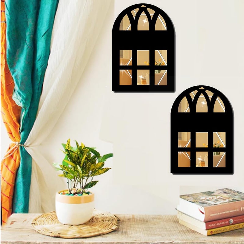 300Sparkles Laser Cut Window Style Wooden Wall Decor Hanging with Golden Acrylic Mirror on Backside Decor for Home Living Room Bedroom Decorative Items 2 Pcs Set - Image 2