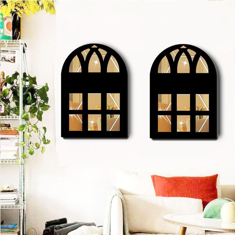 300Sparkles Laser Cut Window Style Wooden Wall Decor Hanging with Golden Acrylic Mirror on Backside Decor for Home Living Room Bedroom Decorative Items 2 Pcs Set - Image 1