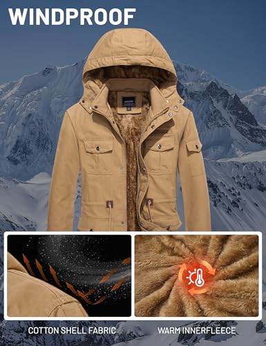 CRYSULLY Men's Winter Jacket Cotton Military Jackets Fleece Lined Thick Warm Cargo Coats Multi-Pocket Outwear with Hooded Khaki L - Image 4