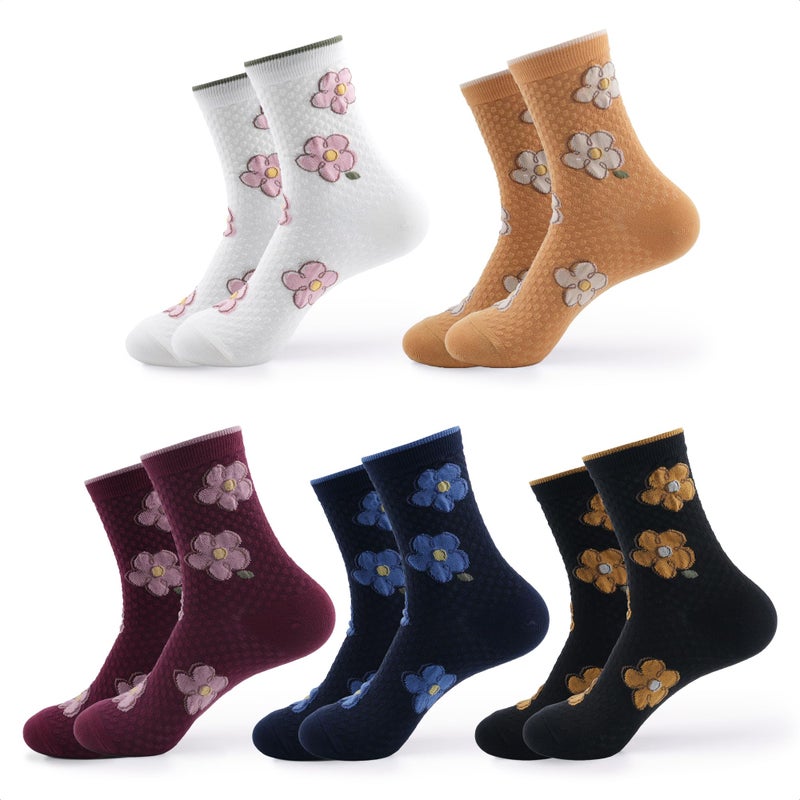 kikiya socks Women Pattern Crew | 5 Pairs Flower Print Cute Design Graphic Stretchy Knit Patterned White Yellow Wine Blue Black Color Daily Boot Cotton Socks | Womens Ladies Girls Gift | Floral A - Image 1