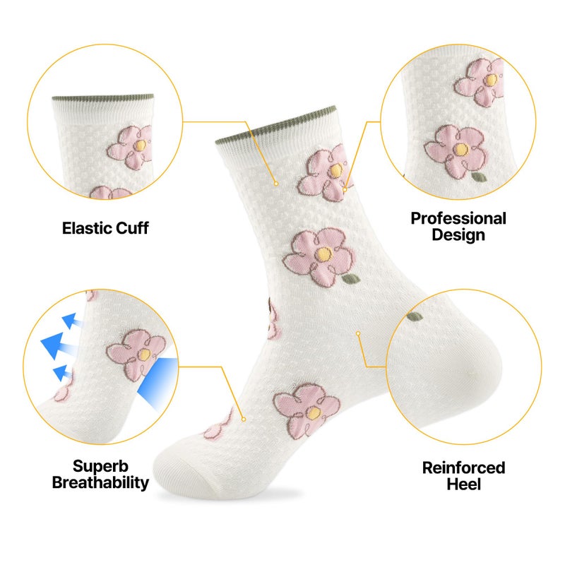kikiya socks Women Pattern Crew | 5 Pairs Flower Print Cute Design Graphic Stretchy Knit Patterned White Yellow Wine Blue Black Color Daily Boot Cotton Socks | Womens Ladies Girls Gift | Floral A - Image 3