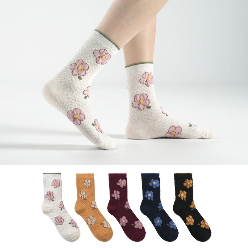 kikiya socks Women Pattern Crew | 5 Pairs Flower Print Cute Design Graphic Stretchy Knit Patterned White Yellow Wine Blue Black Color Daily Boot Cotton Socks | Womens Ladies Girls Gift | Floral A - Image 2