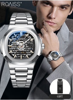 roaiss Men's Stainless Steel Strap Mechanical Watch Analog Display Round Black Dial with Hollow Design Waterproof Luminous Wristwatch as Gift for Men  - Image 1