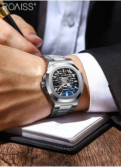 roaiss Men's Stainless Steel Strap Mechanical Watch Analog Display Round Black Dial with Hollow Design Waterproof Luminous Wristwatch as Gift for Men  - Image 2