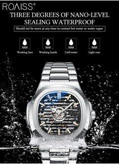 roaiss Men's Stainless Steel Strap Mechanical Watch Analog Display Round Black Dial with Hollow Design Waterproof Luminous Wristwatch as Gift for Men  - Image 5