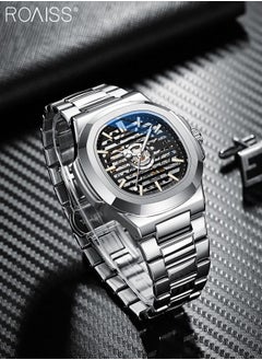 roaiss Men's Stainless Steel Strap Mechanical Watch Analog Display Round Black Dial with Hollow Design Waterproof Luminous Wristwatch as Gift for Men  - Image 3
