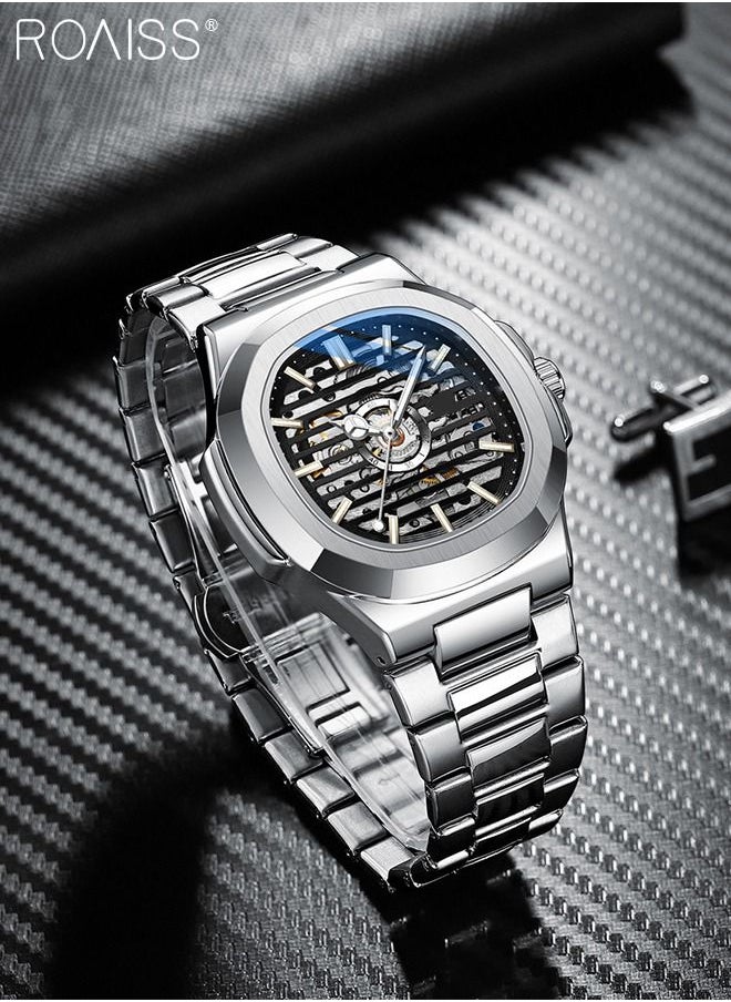 roaiss Men's Stainless Steel Strap Mechanical Watch Analog Display Round Black Dial with Hollow Design Waterproof Luminous Wristwatch as Gift for Men  - Image 3