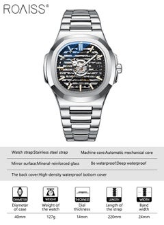 roaiss Men's Stainless Steel Strap Mechanical Watch Analog Display Round Black Dial with Hollow Design Waterproof Luminous Wristwatch as Gift for Men  - Image 4