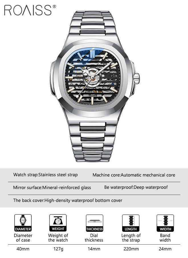 roaiss Men's Stainless Steel Strap Mechanical Watch Analog Display Round Black Dial with Hollow Design Waterproof Luminous Wristwatch as Gift for Men  - Image 4