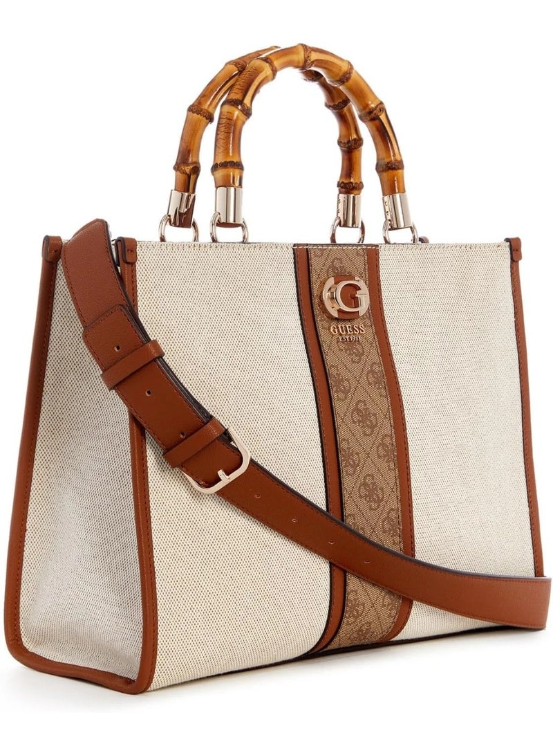 GUESS Kerima Bamboo 2 Compartment Tote – Natural/Milk Logo - Image 1