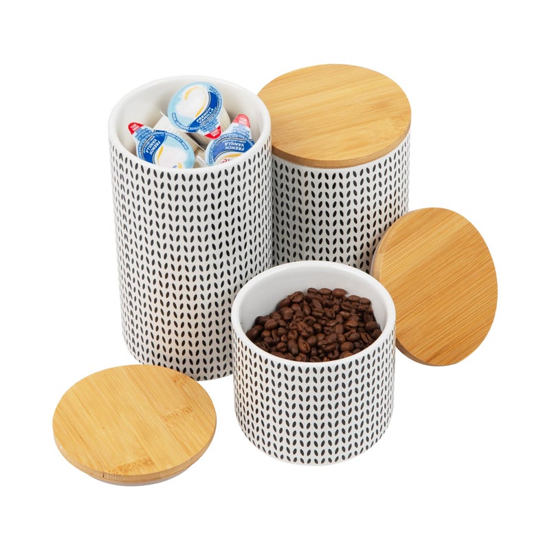 Mind Reader 3-Piece Canister Set, Sugar Container, Coffee Storage, Lids, Kitchen, Ceramic, 4"L x 4"W x 7"H, Black and White - Image 4