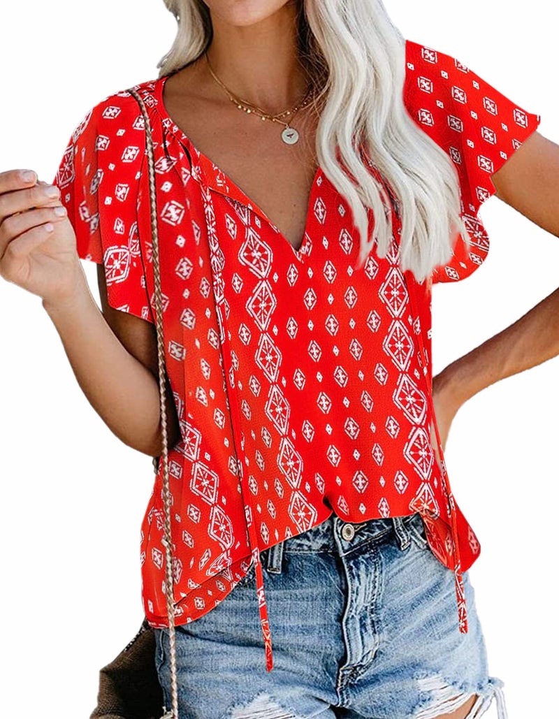 SimpleFun Womens Tops Short Sleeve V Neck Floral Shirts Ladies Flowy Chiffon Blouses (Red,M) - Image 1