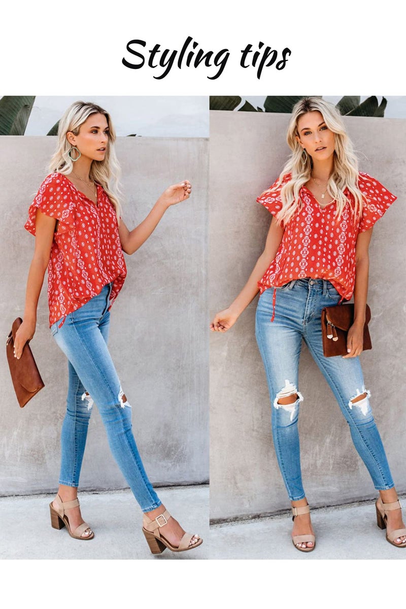 SimpleFun Womens Tops Short Sleeve V Neck Floral Shirts Ladies Flowy Chiffon Blouses (Red,M) - Image 5