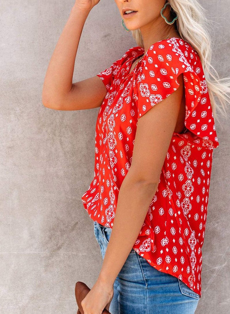 SimpleFun Womens Tops Short Sleeve V Neck Floral Shirts Ladies Flowy Chiffon Blouses (Red,M) - Image 3