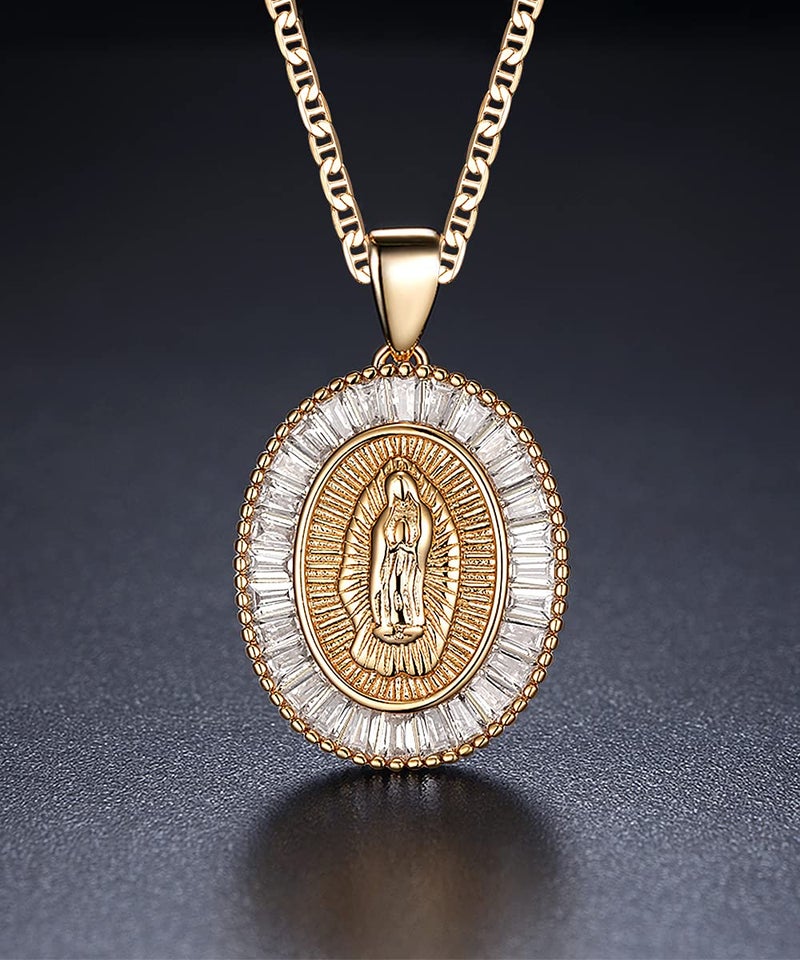 Barzel 18K Gold Plated Flat Mariner/Marina 060 3MM Chain Necklace With Cubic Zirconia Virgin Mary Guadalupe Charm Pendant (18) - Image 4