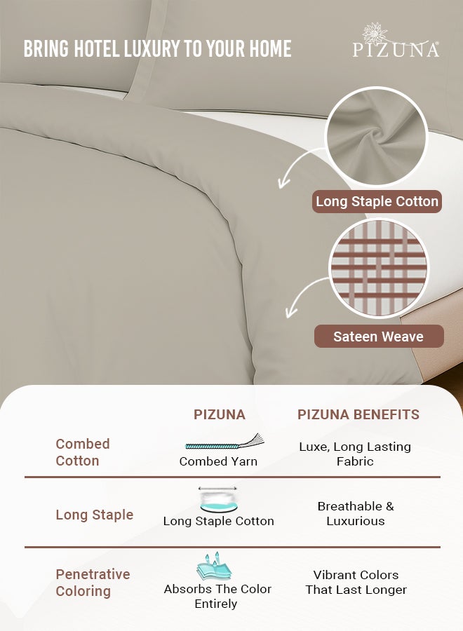 PIZUNA Pure Combed Cotton GCC King Duvet Cover 220x240 cm Simply Taupe, 400 Thread Count Cool Breathable 100% Long Staple Cotton Sateen Weave Quilt Cover with 2 Pillowcases (Simply Taupe Bedding Set) - Image 2