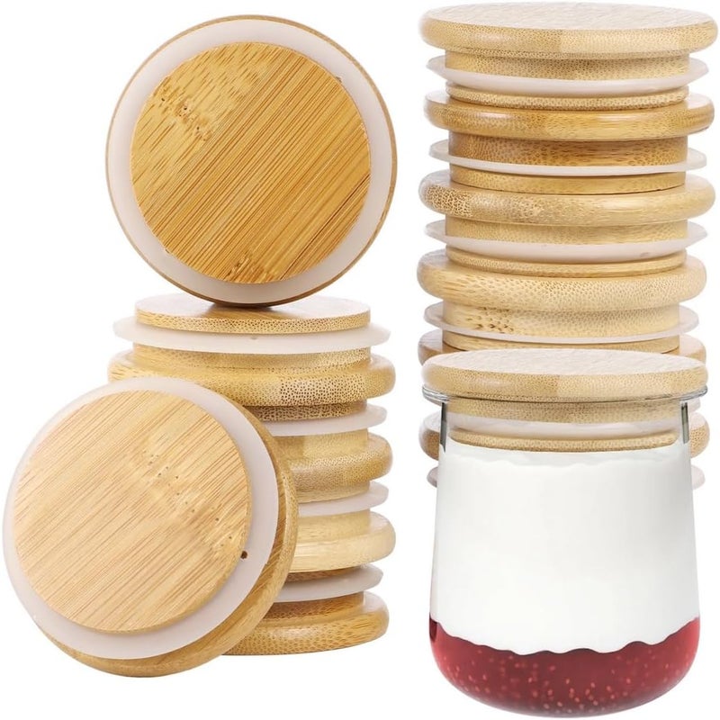 أغطية برطمانات تعليب فموية عادية من نوع Generic، 12 قطعة، أغطية برطمانات زجاجية بحلقة سيلكون مانعة للتسرب، أغطية خيزران قابلة لإعادة الاستخدام، أغطية خشب خيزران طبيعي، مقاس 2.65 بوصة لأغطية برطمانات زبادي محكمة الإغلاق. - Image 1
