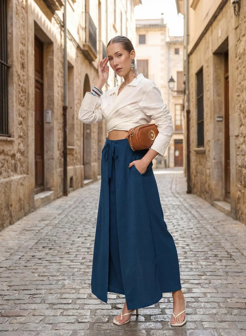 آي شين Navy Poly Solid Print Full Length Palazzo Flared Trouser For Women