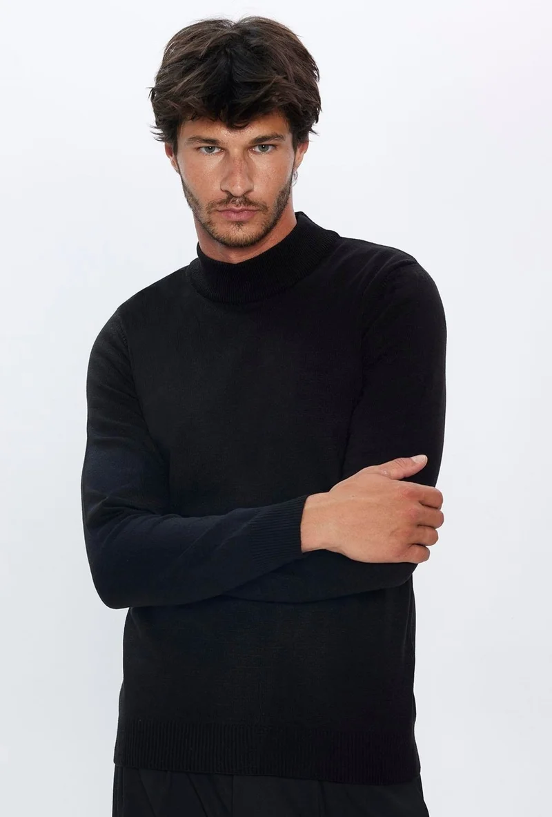 Tudors Slim Fit Narrow Cut Half Turtleneck Non-Pilling Soft Textured Black Men's Sweater